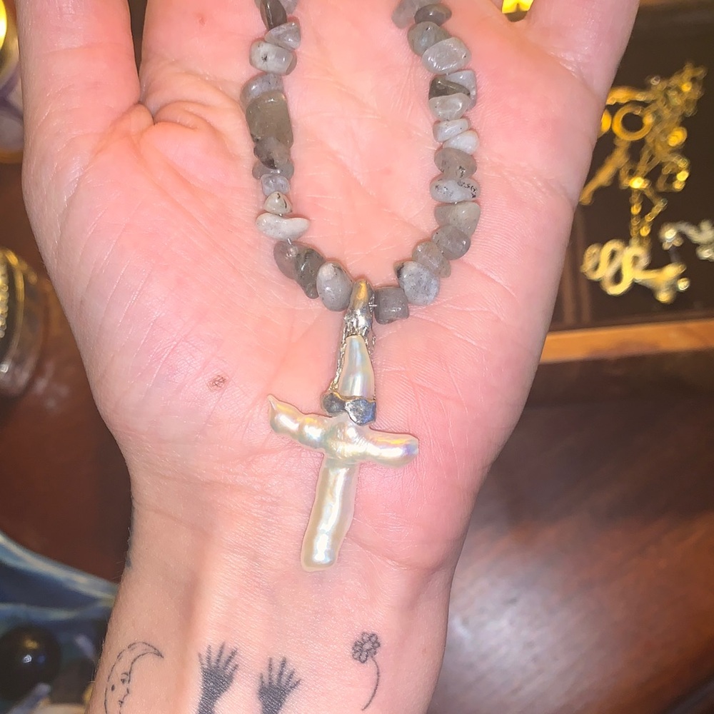 Gray Stone Necklace with Pearl Cross Pendant